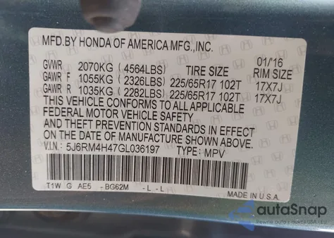 2016 Honda Cr-V Se from USA, damaged, VIN 5J6RM4H47GL036197